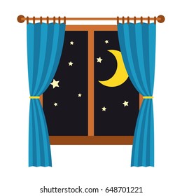 Night out the window with blue curtains isolated on white background. Sleep and rest vector illustration