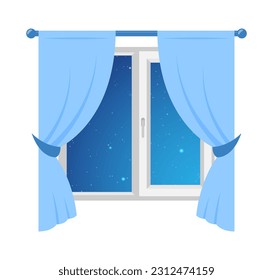 Night out the window icon with blue curtains vector