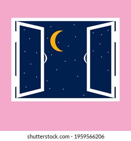 Night out the window icon in cartoon style isolated on pink background. Night sky with stars and moon seen through a window. Sleep and rest symbol stock vector illustration.