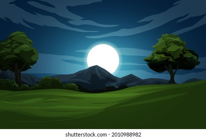 Paisaje nocturno al aire libre con pradera y luna llena