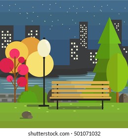 Night Outdoor Park Environment with City Shade and River Background,Park with Bench And Garden Lamp.