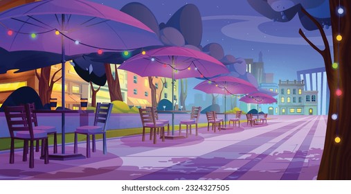 Night outdoor street cafe or restaurant table area cartoon illustration. Outside cafeteria in evening city with garland bulb light vector background. Building exterior, sidewalk and open air bistro