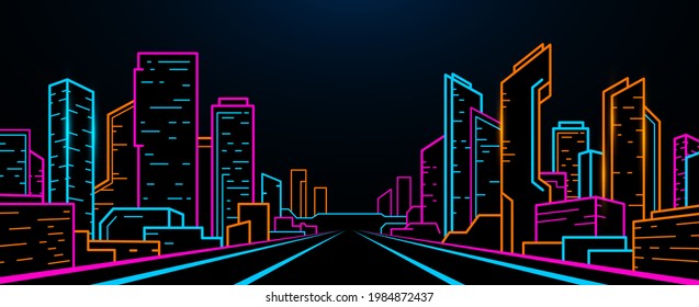 Night Outline Neon City In Retro Waves, Synth Style.