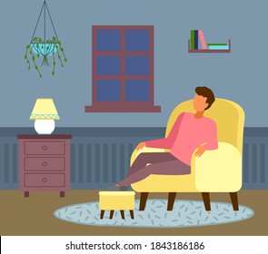 The night outside the window, man dozes off. Relaxing at home. Cozy living room interior, oval fleecy rug, armchair, bedside table with a cute yellow floor lamp, hanging home plant. Flat illustration