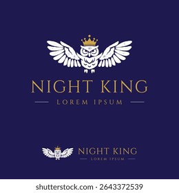 Night owl bird wearing gold crown  and spreading the wings simple bold logo design illustration