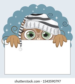 night Owl with green eyes, on sky in striped cap frame. Picture in hand drawing cartoon style, for sale or text frame, greeting or business card, party invitation