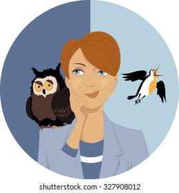 Night Owl Or Morning Lark? Portrait Of A Pensive Woman, An Owl And A Lark On Her Shoulders, EPS 8 Vector Illustration