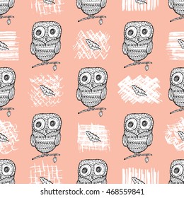 Night Owl with Oak Leaves and Grunge Brush Strokes Seamless pattern. Hand Drawn Doodle Cute Owlet 