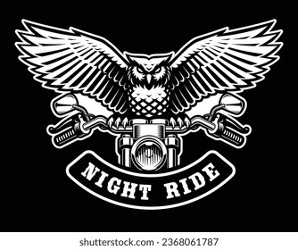 NIght owl on a motorcycle steering wheel, apparel graphic or an emblem for a biker theme