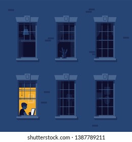 Night owl person flat vector illustration. Man working at home during the night while rest of neighbours are asleep. Night blackout windows with lonely lit up window in the corner. Workaholic concept