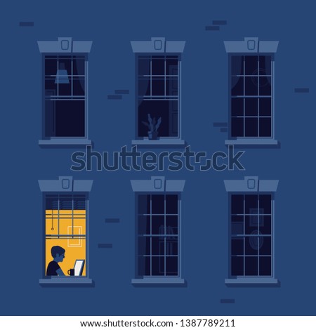 Night owl person flat vector illustration. Man working at home during the night while rest of neighbours are asleep. Night blackout windows with lonely lit up window in the corner. Workaholic concept