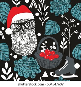 Night owl seamless pattern for Christmas. Vector background.