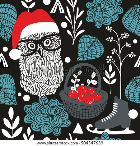 Night owl seamless pattern for Christmas. Vector background.