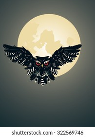 Night owl silhouette and big moon in the sky.