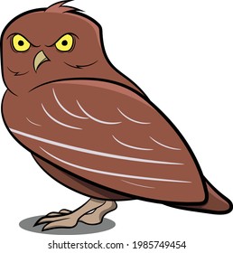Night Owl Standing with Shadow. Night Birds. Birds from Different parts of World. Common Birds. Bird Icon Vector Illustrations Isolated Doodle on White Background. Colorful Birds Set