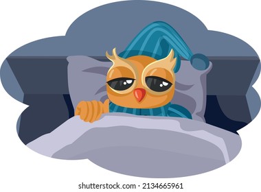 
Night Owl Trying to Sleep Vector Cartoon Illustration. Sad depressed bird having trouble falling asleep during nighttime 
