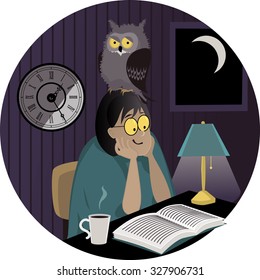 Night Owl. A Woman With An Owl On Her Head Reading A Book Late At Night, EPS 8 Vector Illustration, No Transparencies