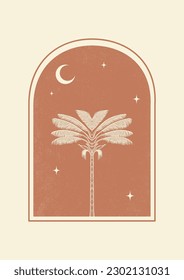 Night palm in arches aesthetic illustration poster. Minimalist beige boho art print.