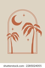 Night palms in arches wall art illustration poster. Minimalist boho art print.