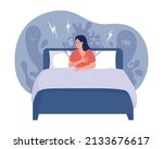 Night panic attack 2D vector isolated illustration. Experience nightmare flat character on cartoon background. Woman suddenly awakes colourful scene for mobile, website, presentation