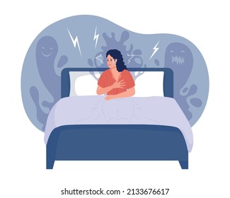 Ilustración aislada del vector 2D de ataque de pánico nocturno. Experimenta un personaje llano de pesadilla sobre el fondo de las caricaturas. La mujer despierta de repente una escena colorida para el móvil, el sitio web, la presentación