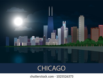 Night panorama Chicago city downtown with skyscrapers, lake Michigan, green trees and full moon in dark blue sky. Cityscape, view, town. Vector illustration EPS10