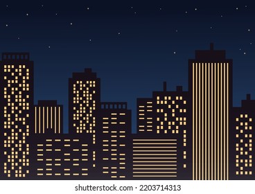 Night panorama of the city. Buildings with luminous windows against the starry sky. Vector flat vector illustration.