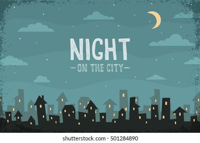 Night panorama of the city in a cartoon style. Silhouettes of houses and roofs, clouds, crescent. Vector  layered illustration.