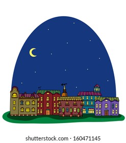 Night panorama with cute town. Seamless vector pattern. 