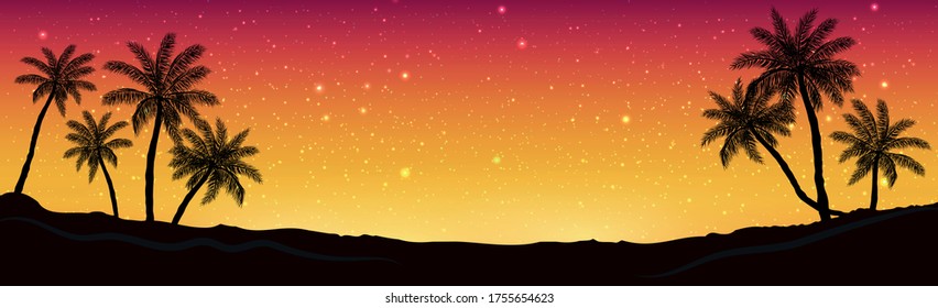 Vistas nocturnas al fondo de la playa con palmeras, ilustración