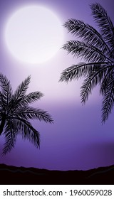 Night panorama on the background of the beach with palm trees - illustration