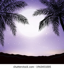 Night panorama on the background of the beach with palm trees - illustration