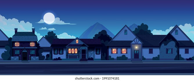 Night panorama of the suburban village with the facades of the country houses flat vector illustration