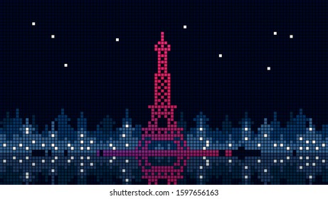 Night in Paris City. Famous Eiffel tower in Paris, France. Architecture city symbol of France. Grid style illustration. 