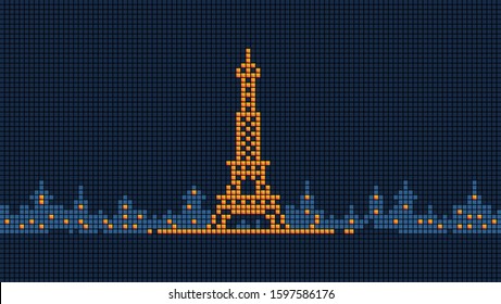 Night in Paris city. Grid style illustration. Famous Eiffel tower in Paris, France. Architecture city symbol of France. Grid building vector illustration.