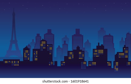 Night Paris City Silhouette with many stars in the sky