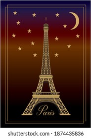 Night in Paris, France. Eiffel tower with stars and moon. Vector illustration.  EPS10.