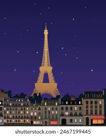 
Noche París, panorama con la Torre Eiffel. Vector.