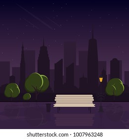 Night in the park after rain. Night cityscape, view from public park. Bench, lantern and puddles on sidewalk. Vector