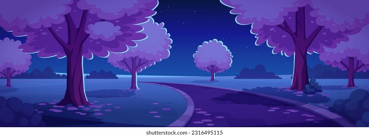 Night park alley with sakura trees. Vector cartoon illustration of road running through dark public garden in spring, cherry blossom petals on ground, green lawn, midnight starry sky. Romantic place