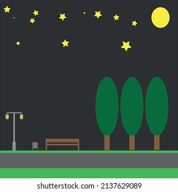 Night park with a bench and a lantern. Full moon and star sky.