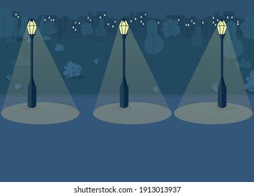 Ilustración vectorial de color plano de parque nocturno. Oscuro parque urbano sin gente caminando por ahí. Lugar silencioso para cometer delitos por el paisaje criminal de caricaturas en 2D con los edificios de las grandes ciudades en segundo plano