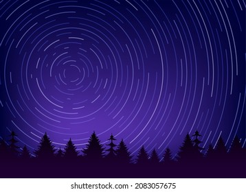 Night park universe. Star trails sky above forest vector illustration, stars exposure time landscape, beautiful galaxy skies rural panorama, countryside milky way ground