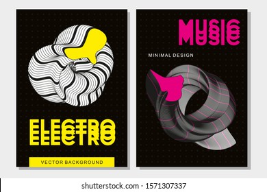 Night Part Flyer Template. Abstract Music Poster With 3d Shapes. Experimental Minimal Art Design. Dance Techno Festival Background With Guilloche Lines.