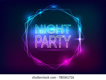 Night Party advertisement template.  Neon style with rays of light and a frame of neon