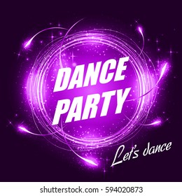 Night Party advertisemet template. Purple dust and beams on dark background. Geometric shape vector banner with text