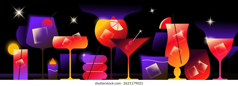 Night party banner. Geometric poster with colorful cocktails, glasses with alcoholic drinks and beverages. Design element for cafe or bar menu. Abstract gradient vector illustration