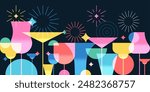 Night party banner, poster with colorful cocktails, fireworks. Vector illustration. Abstract geometric color design. Alcoholic, non-alcoholic drinks cocktail menu, bar elements on black background