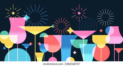 Banner auf der Nachtparty, Plakat mit bunten Cocktails, Feuerwerk. Vektorillustration. Abstraktes geometrisches Farbdesign. Alkoholische, alkoholfreie Getränke Cocktailkarte, Bar-Elemente auf schwarzem Hintergrund