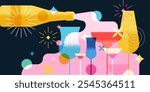 Night party banner, poster design with liquid champagne, bottle, cocktails, fireworks. Vector flat geometric illustration. Alcoholic, non-alcoholic drinks menu, bar elements on black background